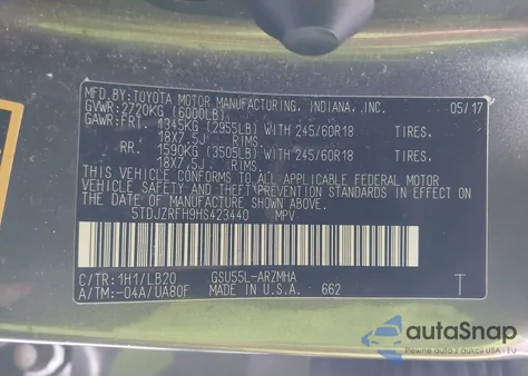 2017 Toyota Highlander Xle from USA, damaged, VIN 5TDJZRFH9HS423440